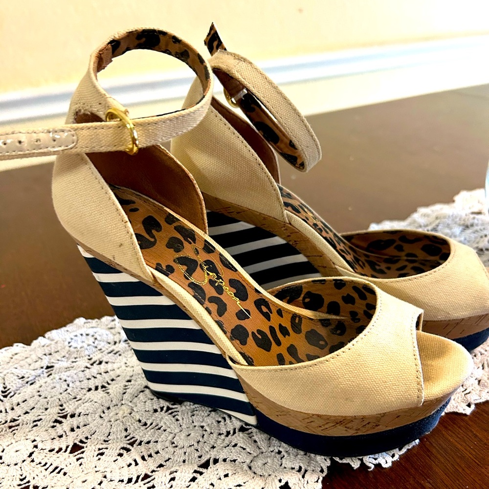 Jessica Simpson Navy and Tan Striped Wedges